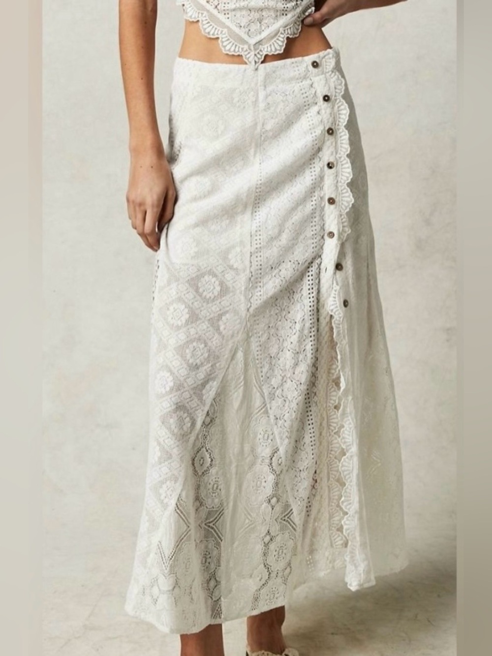 Free People Cynthia Lace Patchwork with Buttons Maxi Skirt